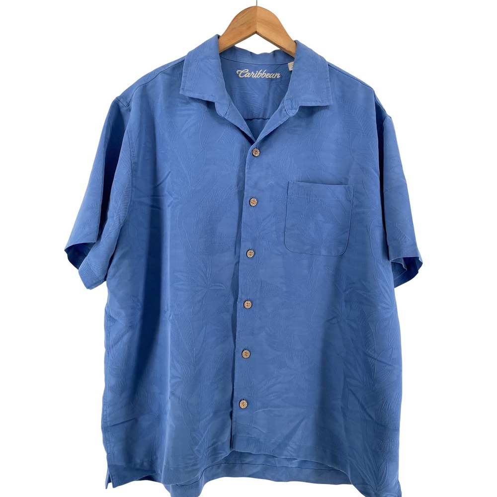 Caribbean‎ Hawaiian Shirt Mens XL Blue Tropical Leaf Washable Modal Blend Camp
